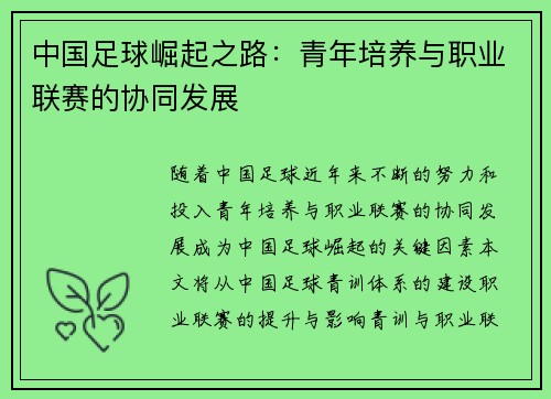 中国足球崛起之路：青年培养与职业联赛的协同发展