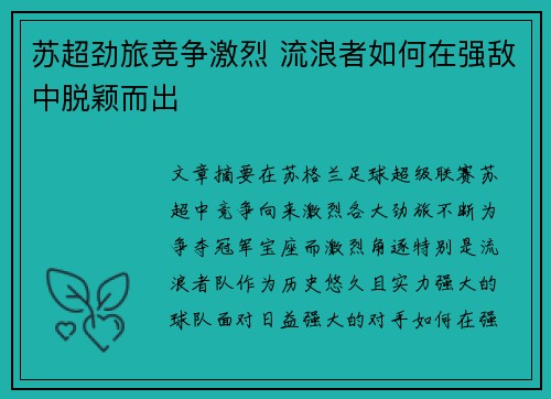 苏超劲旅竞争激烈 流浪者如何在强敌中脱颖而出