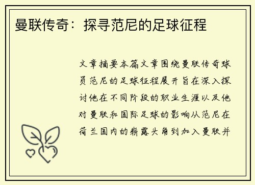 曼联传奇：探寻范尼的足球征程